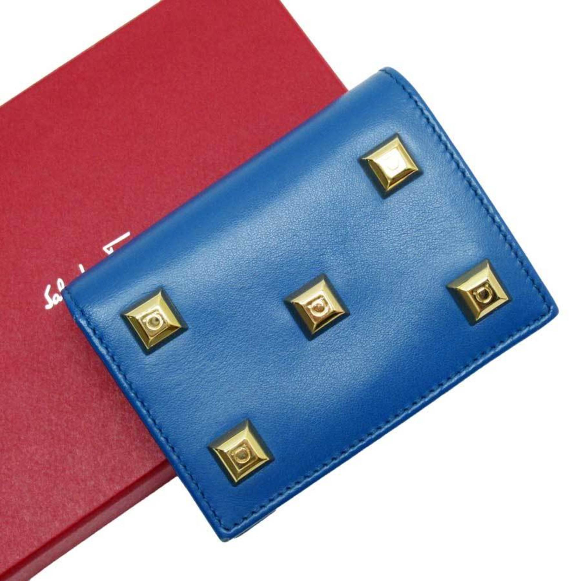 Salvatore Ferragamo Bi-Fold Wallet Blue Gold Leather Studs Women's